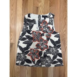 J Crew Beige Black Notched Shell Blouse Top Polynesian Floral Print Size 2